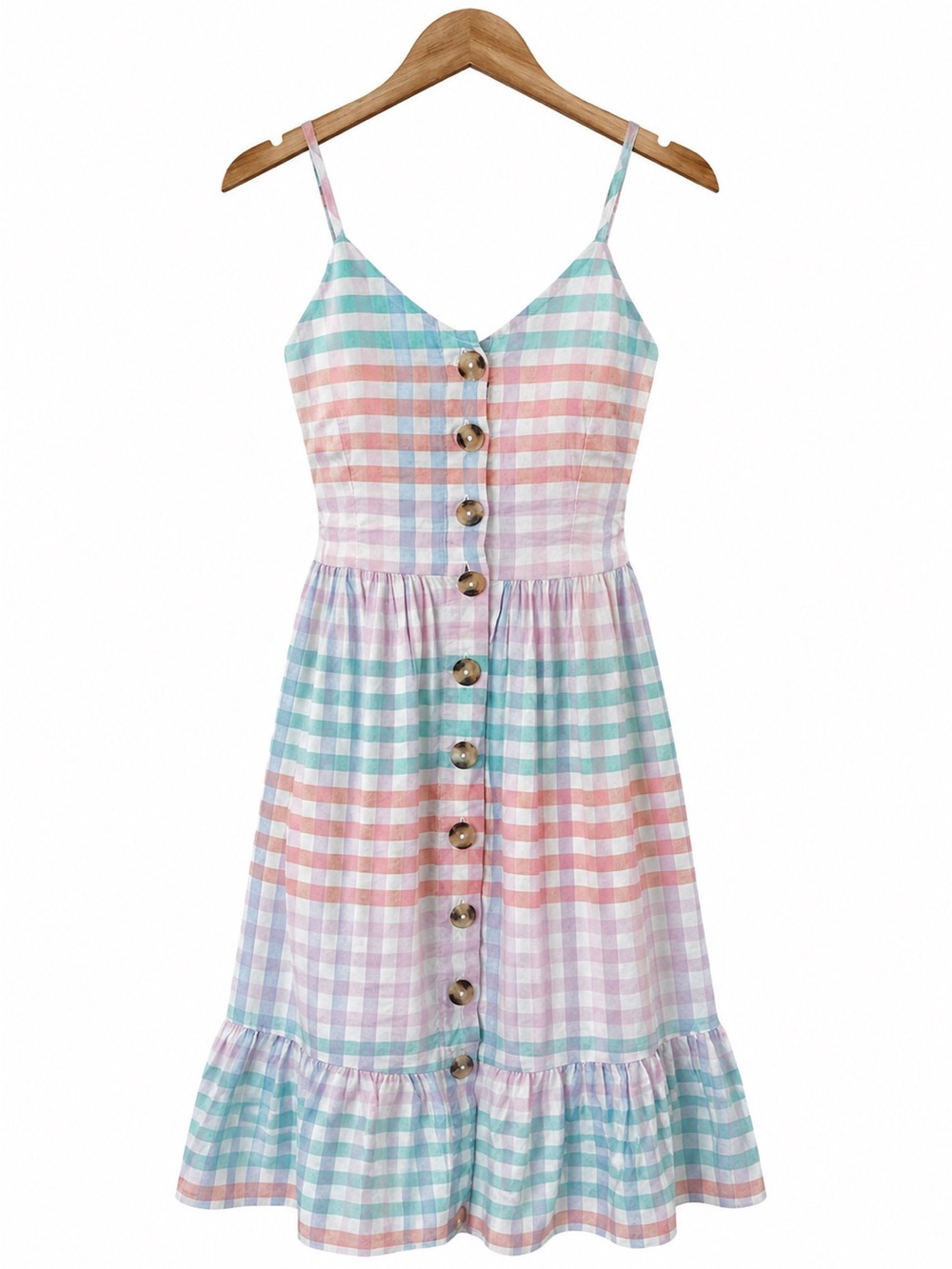 NWT Japna plaid Dress XS Pastel Coquette Gingham Button Front Ruffle Sun Dress